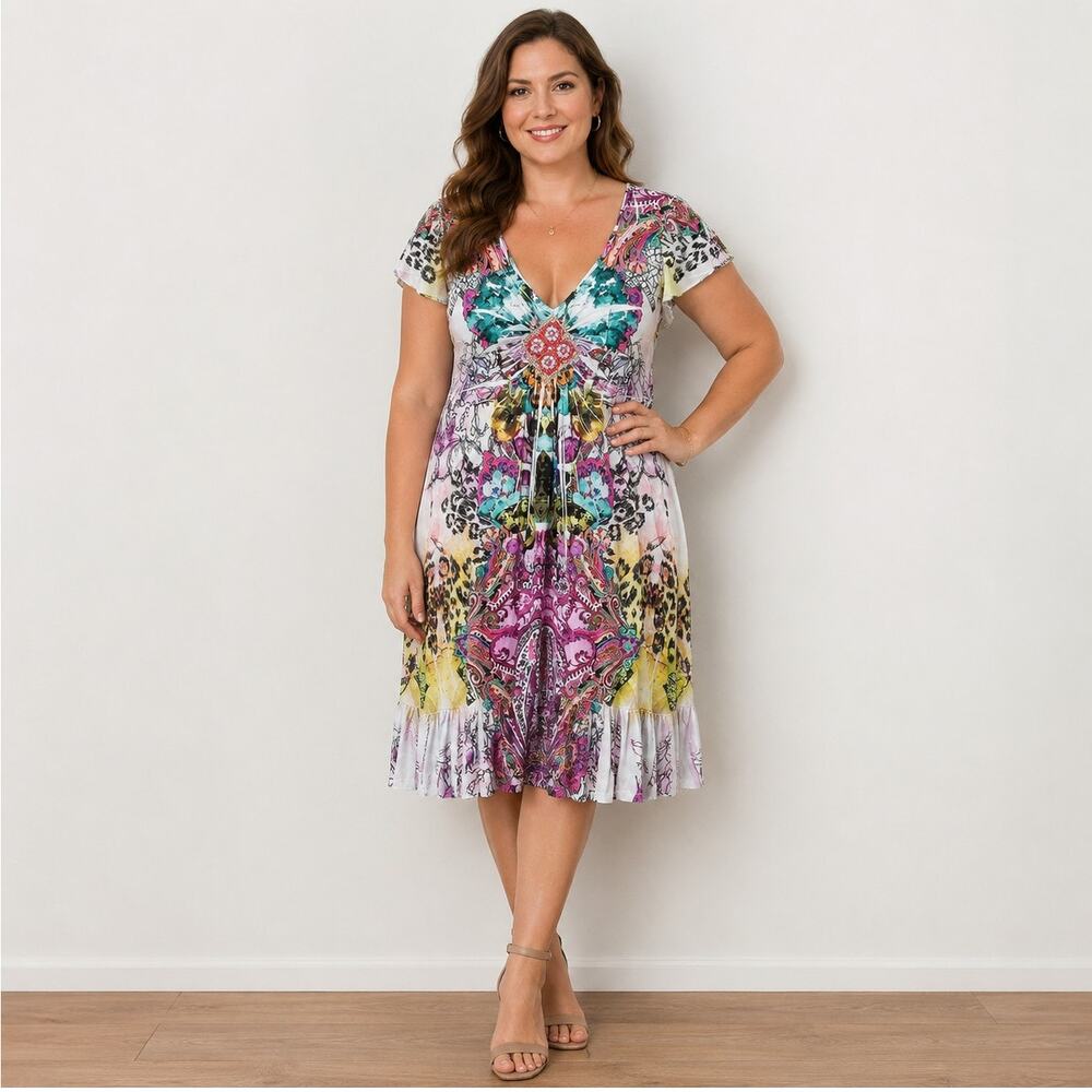 Y2K Butterfly Beaded Babydoll Dress Mixed Print Fairycore Boho L